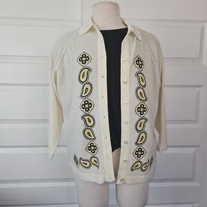 Vtg 60s Talbott Traveler Cardigan Sweater Off White Yellow Gray Paisley Dacron